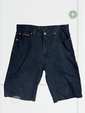 The FUBU Vintage Y2K Embroidered Pocket Dark Wash Denim Shorts